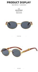 Front and 45-degree side view of oval sunglasses with gold frames and wood grain temples