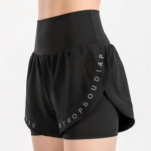 Women's high-waisted 2-in-1 black athletic shorts for yoga and fitness training