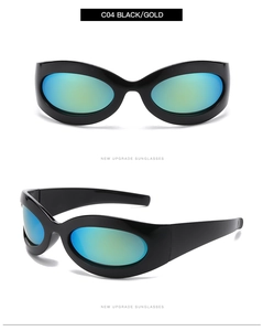 Macro view showing the C04 Black Gold oval Y2K sunglasses with blue green gradient lenses