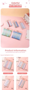 Detail of multi-color square highlighters in transparent OPP bag with size dimensions