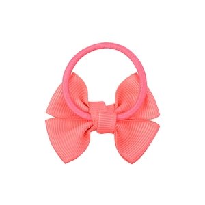 Vibrant pink girls' hair tie with a ribbed ribbon bow on a clean white background