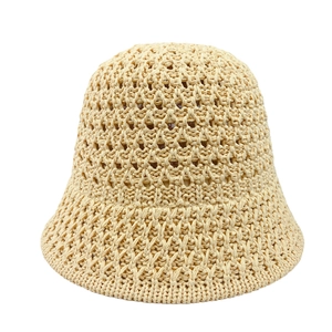 Minimalist beige hollow crochet bucket hat with breathable summer wave pattern