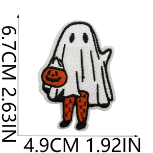 Embroidered Halloween ghost patch with pumpkin basket and measurements 6.7x4.9cm