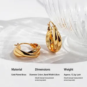 Créoles doubles croisées chic en laiton plaqué or 18k pour femmes, diamètre 2,4 cm