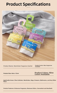 Detail of lavender scented sachets in six colors showing 8x12cm size and wardrobe usage