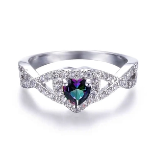 Elegante crossover hartring met regenboogsteen en micro-pave stenen in zilveren afwerking