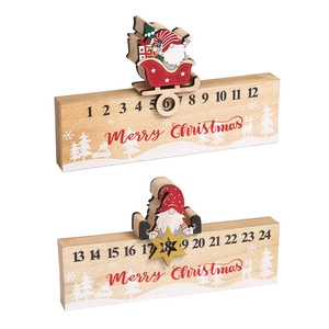 Wooden Christmas countdown calendar with sliding Santa and gnome on white background