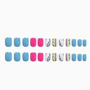 24pcs colorful press-on nails featuring blue, pink, leopard prints and neon stripes patterns