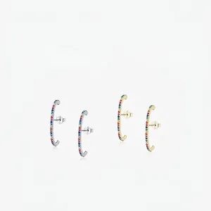 Rainbow Colorful Cubic Zirconia Stud Earrings With 925 Sterling Silver Earring Post Long C Shape Arc Women Fashion