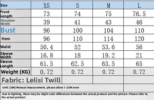 Tableau des tailles pour blazer et pantalon large avec mesures en CM du XS au L