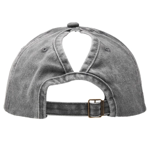 Detail view of washed cotton baseball cap featuring a functional ponytail opening at the back