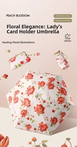 Detail of floral sun umbrella with UPF50+ coating and matching lady bag pouch