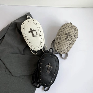 Gothic mini backpacks with metal cross and silver studs in black, white, and logo canvas