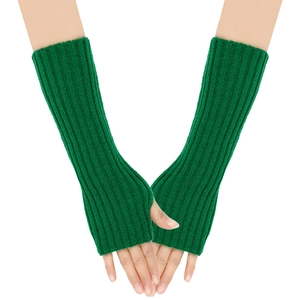 Detail of green knitted fingerless gloves showing the textured pattern and elastic cuffs
