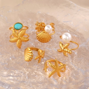Starfish Seashell Adjustable Open Rings Stainless Steel Faux Artificial Pearl Turquoise Ocean Summer Beach Vacation Fashion Jewelry For Women