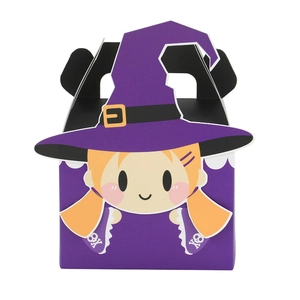 Halloween gift box in purple featuring a cartoon girl with witch hat on white background