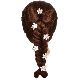 Set of six floral crystal hair clips with white petals and gold metal on braided hair
