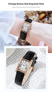 Close-up of vintage square quartz watch with diamond-set case and black leather strap