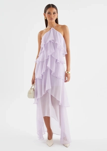 Detail of light purple tiered ruffle halter midi dress with irregular chiffon hemline