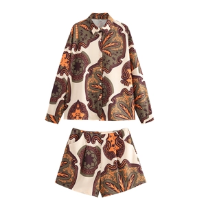 Women Paisley Tropical Print Long Sleeve Button Down Shirt And High Waist Shorts Vacation Beach Bohemian Loose Fit