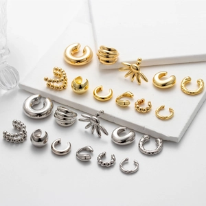 Polished gold and silver non-pierced ear cuffs in various trendy geometric designs