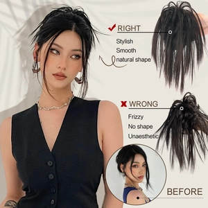 Messy bun hair piece with long fringe for a voluminous and natural hairstyle look