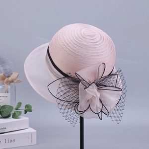 Women's pink organza flower sun hat with black mesh bow decoration for elegant summer style