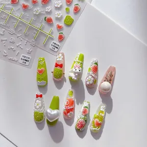 5D Embossed Relief Nail Art Stickers Strawberry Heart Flower Self Adhesive Decals DIY Manicure Decor Sweet Style For Women