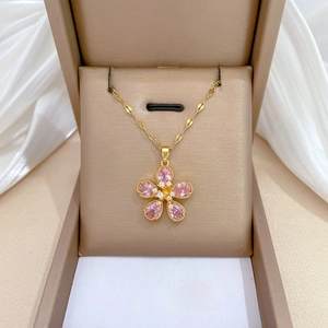 Pink Flower Pendant Necklace Gold Plated Stainless Steel Chain Copper Micro Inlaid Zircon Jewelry For Women Luxury Elegant