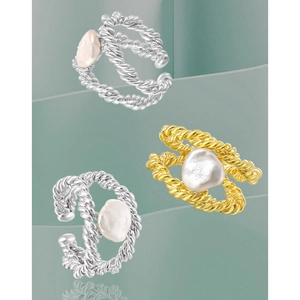 Minimalist S925 silver double-layered twisted rope rings with baroque pearls in gold and silver