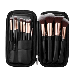 12-piece black makeup brush set with PU leather zipper case for powder and eye shadow