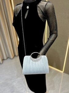 Detail showing silver pleated evening bag with rhinestone round handle and chain strap