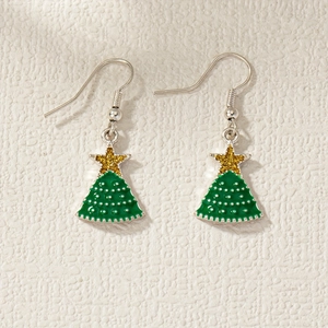 Christmas Tree Dangle Earrings Alloy Enamel Holiday Party Jewelry Elegant Festive Gift For Women Green Gold