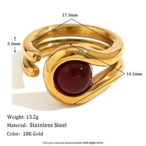 Double-layered 18K gold plated stainless steel ring featuring a red gemstone and zircon