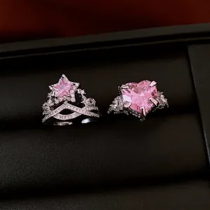 Rosa Herz Und Stern Zirkon Kupfer Verstellbarer Ring Französischer Luxusstil Damen Mode Schmuck