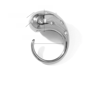 Macro shot of silver teardrop ring with crystal and pearl details and dimensions