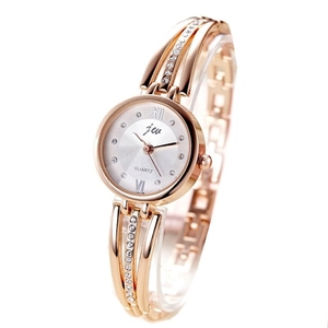 Rose gold quartz watch for women with rhinestone inlay and sleek metal chain strap