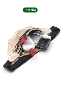 Internal view of waterproof holographic waist bag showing large capacity for essentials