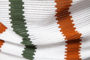 Nahaufnahme der Strickstruktur mit grünen und orangefarbenen Streifen auf weißem Polo