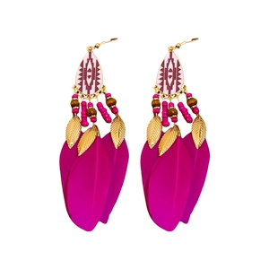 Bohemian drop earrings with magenta feathers, gold leaf charms and ethnic beads