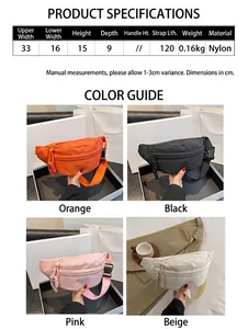 Size guide for women nylon chest bag showing dimensions and four colors including pink and black
