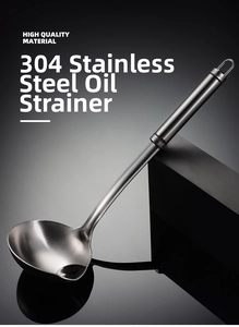 Macro detail of ergonomic long handle on SUS 304 stainless steel oil separator spoon