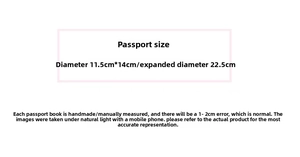 Detailed dimension guide showing the passport holder's open and closed sizes
