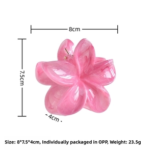 Detail view of pink plumeria hair claw clip showing precise 8cm x 7.5cm x 4cm dimensions