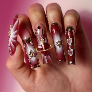 Faux Ongles Carrés Extra Longs Dégradé Rouge Blanc Style Français Avec Alliage 3D Croix Étoile Coeur Strass Künstliche Perles