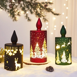 Christmas LED Candle Lamp PVC Hollow Reindeer Christmas Tree Pattern Warm Yellow Light Festive Desktop Decoration