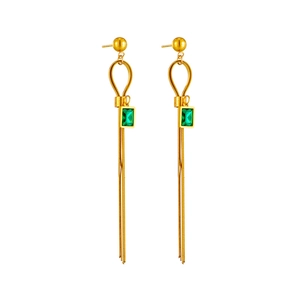 Elegant gold titanium steel earrings with green square gemstones and long tassels