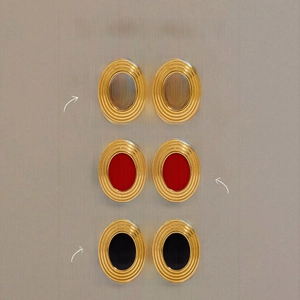 Retro oval stainless steel earrings in white, red, and black with gold grooved borders
