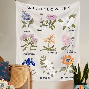 Detailed close-up of botanical wildflower print on beige fabric tapestry wall hanging