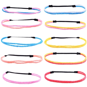 Detailed close-up showing a set of ten colorful glitter elastic headbands for women